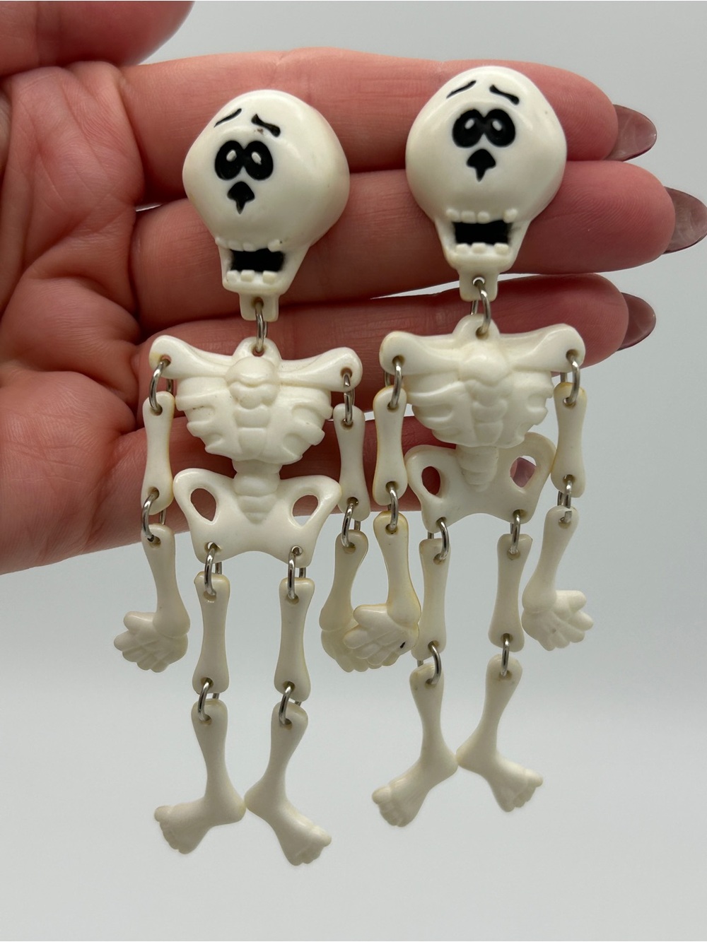 Vintage Halloween Articulated Skeleton Dangle Earrings Pierced Drop Plastic